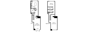 A floor plan of a two level apartment with a living room, kitchen, bathroom and bedroom.