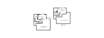 A floor plan of a two-story home with a living/commercial area on the first floor and a bedroom and bathroom on the second floor.