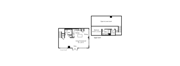 A floor plan of a two-level home with a living/commercial area, kitchen, dining room, bathroom, and bedroom.