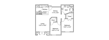 A floor plan of a house with a living room, dining room, kitchen, and three bedrooms.