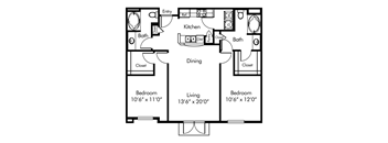 A black and white image of a floor plan for a two bedroom apartment.
