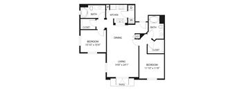 A black and white image of a floor plan for a home with a living room, dining room, kitchen, two bedrooms, a bathroom, and a closet.