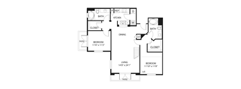A black and white image of a floor plan for a two bedroom apartment.