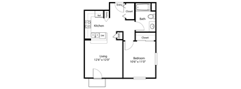 A floor plan of a small apartment with a living room, kitchen, bathroom, and bedroom.
