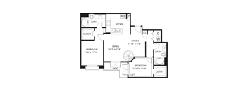 A floor plan of a house with two bedrooms, a living room, a dining room, a kitchen, a bathroom, a closet, a pantry, and a laundry room.