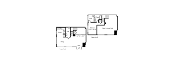 A floor plan shows a two-story residential building with a kitchen, dining area, and a bedroom on the upper level and an entry way to the lower level.