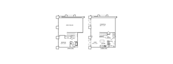 A floor plan shows a bedroom, living room, and kitchen in the upper level and a commercial space in the lower level.