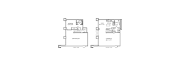 A floor plan of a two-story home with a bedroom, living room, kitchen, and commercial space.