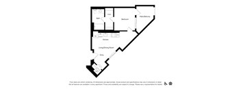a line drawing of a floor plan with an arrow going down it