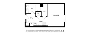 a floor plan of a living room with a bedroom and a kitchen