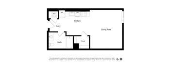 a floor plan of a studio apartment with a bedroom and a living area