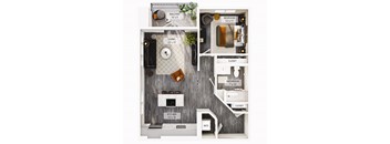 A floor plan of a small apartment with a living room, kitchen, bathroom, and bedroom.