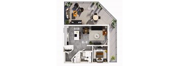 A floor plan of a house with a balcony, kitchen, living room, and bathroom.