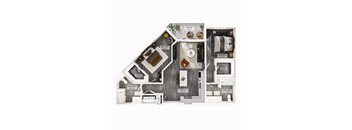 A floor plan of a house with a living room, two bedrooms, a kitchen, a bathroom, and a closet.
