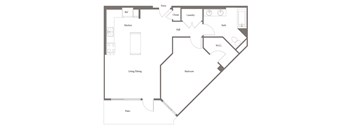 A floor plan of a house with a kitchen, living/dining area, patio, bedroom, bath, and laundry.