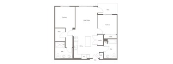 A floor plan of a house with labeled rooms such as Bedroom, Kitchen, Bath, and Living/Dining.