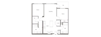 A floor plan of a house with two bedrooms, a living/dining area, a kitchen, a bathroom, a laundry room, a closet, a reference room, and an entry.