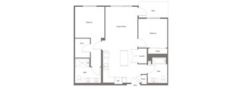 A floor plan of a house with labeled rooms such as Bedroom, Bath, Kitchen, Living/Dining, and Patio.