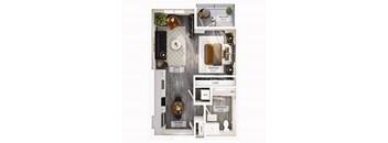 A floor plan of a small apartment with a living room, kitchen, bathroom, bedroom and closet.