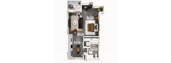 A floor plan of an apartment with a living room, kitchen, bedroom, and bathroom.