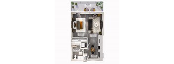 A floor plan of a balcony, bedroom, living room, bathroom, and kitchen.