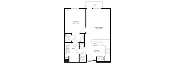 A black and white image of a floor plan for a small apartment.