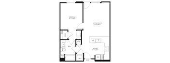 A floor plan of a small apartment with a bedroom, living/dining area, kitchen, bathroom, and closets.