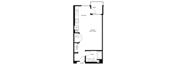 A floor plan of a house with a kitchen, pantry, bathroom, and a studio.