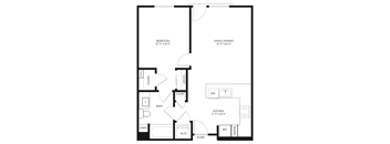 A floor plan of a small apartment with a bedroom, living/dining area, kitchen, bathroom, and closets.