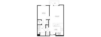 A black and white image of a floor plan for a small apartment.