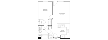 A floor plan of a small apartment with a bedroom, living/dining area, kitchen, bathroom, and two closets.