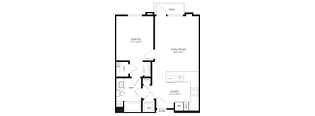 A black and white image of a floor plan for a small apartment.