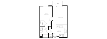 A black and white floor plan of an apartment with a bedroom, living/dining area, kitchen, bathroom, and closet.
