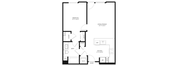 A floor plan of a small apartment with a bedroom, living/dining area, kitchen, bathroom, and closet.