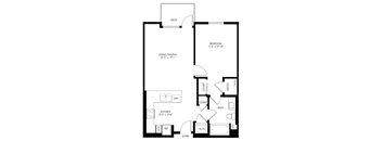 A black and white floor plan of a small apartment with a kitchen, living room, and bathroom.
