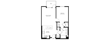 A black and white floor plan of a small apartment with a kitchen, living room, and bathroom.