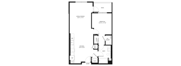 A black and white image of a floor plan for a small apartment.