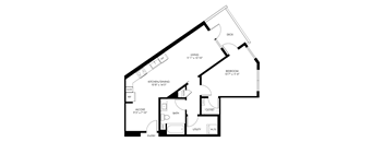 A black and white image of a house floor plan with a kitchen, dining area, bathroom, and bedroom.