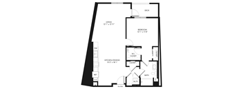 A black and white image of a floor plan for a small apartment.