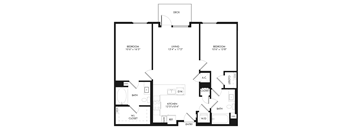A black and white image of a floor plan for a home with a living room, two bedrooms, a bathroom, a kitchen, a dining room, a laundry room, a pantry, a closet, and a gar