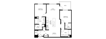 A black and white image of a floor plan for a home with a living room, two bedrooms, a kitchen, a dining area, a bathroom, and a pantry.
