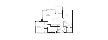 A black and white image of a house floor plan with a living room, dining room, kitchen, two bedrooms, two bathrooms, and an entry.