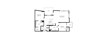 A black and white floor plan of a house with two bedrooms, a living/dining area, a kitchen, a bathroom, a w.i. closet, and an entry.