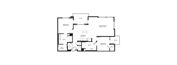A black and white floor plan of a house with a living room, kitchen, two bedrooms, a bathroom, and an entry.