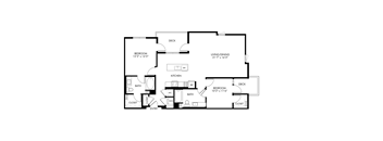 A black and white floor plan of a house with a living room, dining room, kitchen, two bedrooms, two bathrooms, and an entry.