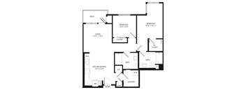 A black and white image of a floor plan for a home with a kitchen, dining area, living room, two bedrooms, a bath, a laundry room, and a deck.