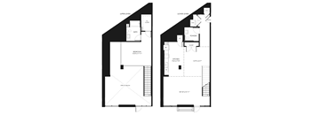 A floor plan of a two-level home with a bedroom, bathroom, kitchen, and a powder room.