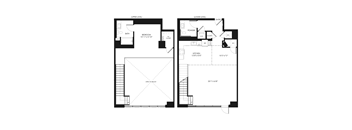 A floor plan shows a two-level home with a bathroom, bedroom, kitchen, powder room, closet, and entryway.
