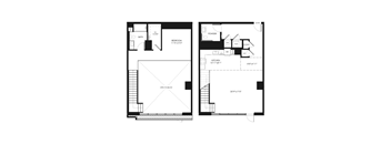 A floor plan of a two-story house with a bedroom, bathroom, kitchen, and powder room.