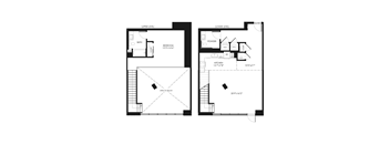 A floor plan shows a two-level home with a bathroom, bedroom, kitchen, and powder room on the lower level, and an entry way on the upper level.